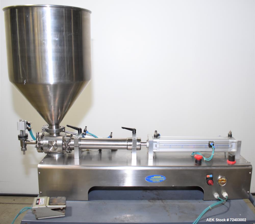 Used Wenzhou Rigao Table Top Semi Automatic Piston Filler, Model DYF. 316L Stainless steel product contact. Filling speed 5 to 20 bottles per minute. Filling accuracy /= 1% +/-. Filling range: approx...